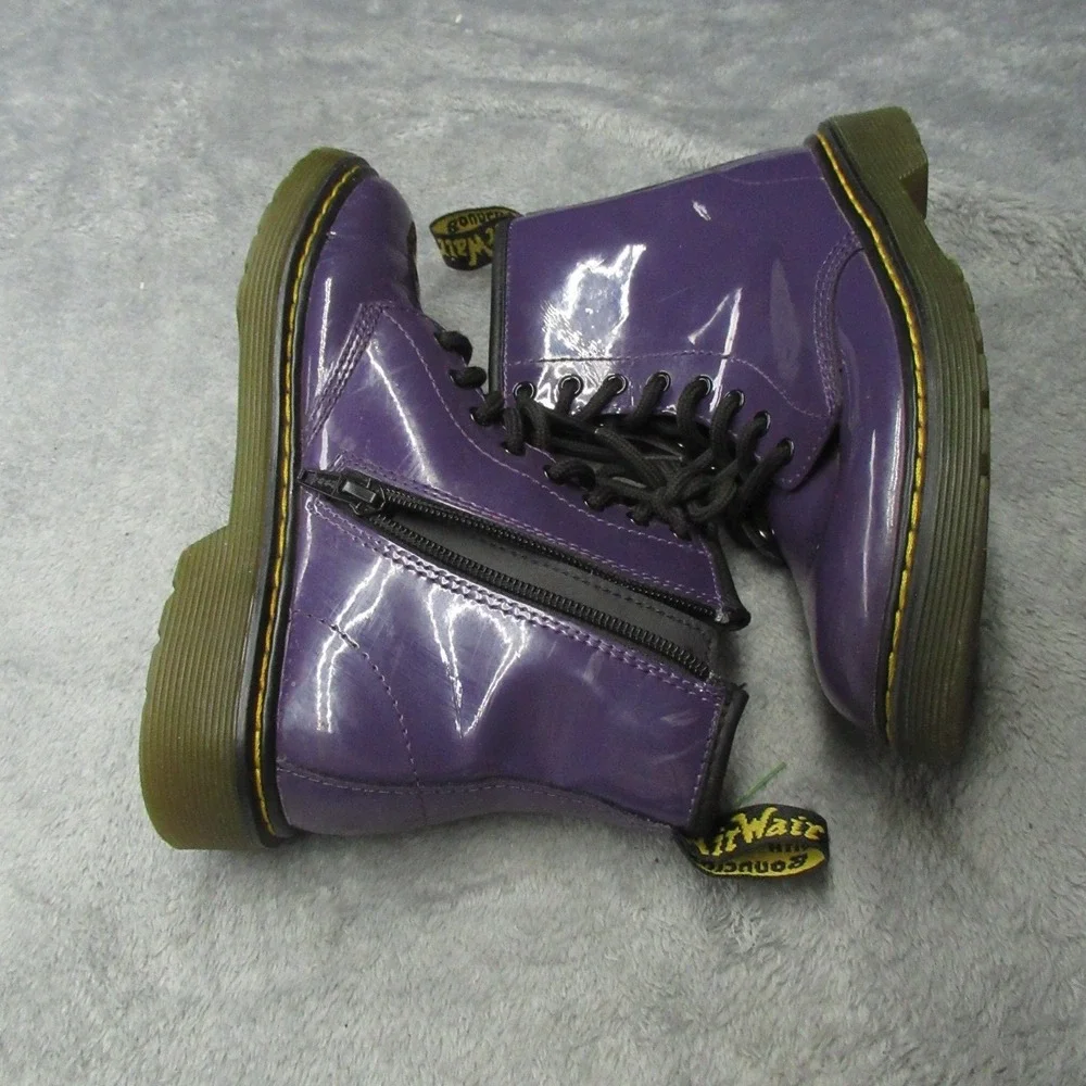 Dr Martens Boots Youth 2 Purple Leather Combat Side Zip CHunky Glossy Waterproof